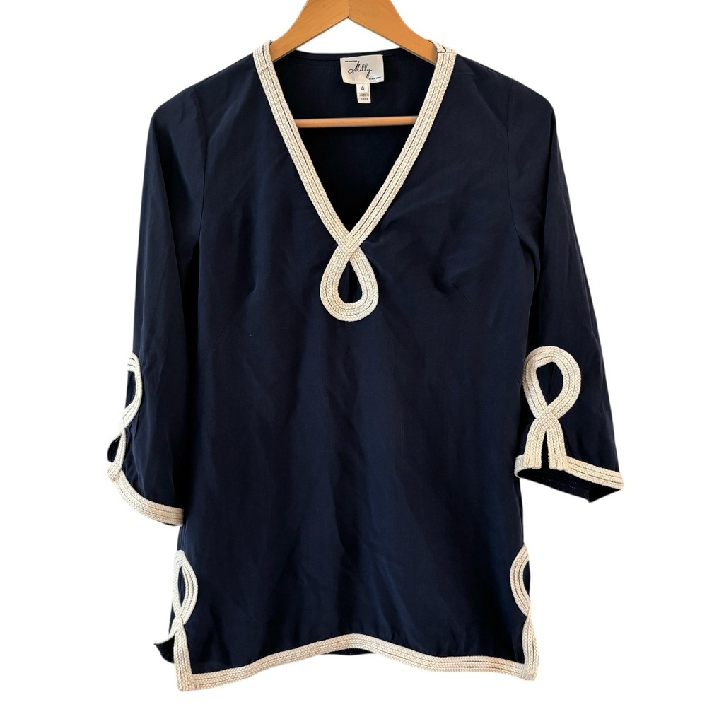 Milly Womens Silk‎ Top Size 4 Navy Tunic V-Neck Embroidered Trim Quiet Luxury